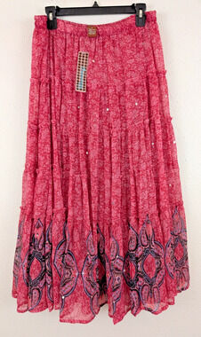 New Overdrive sz 1X Maxi Skirt pink colorful print boho gypsy festival 0076